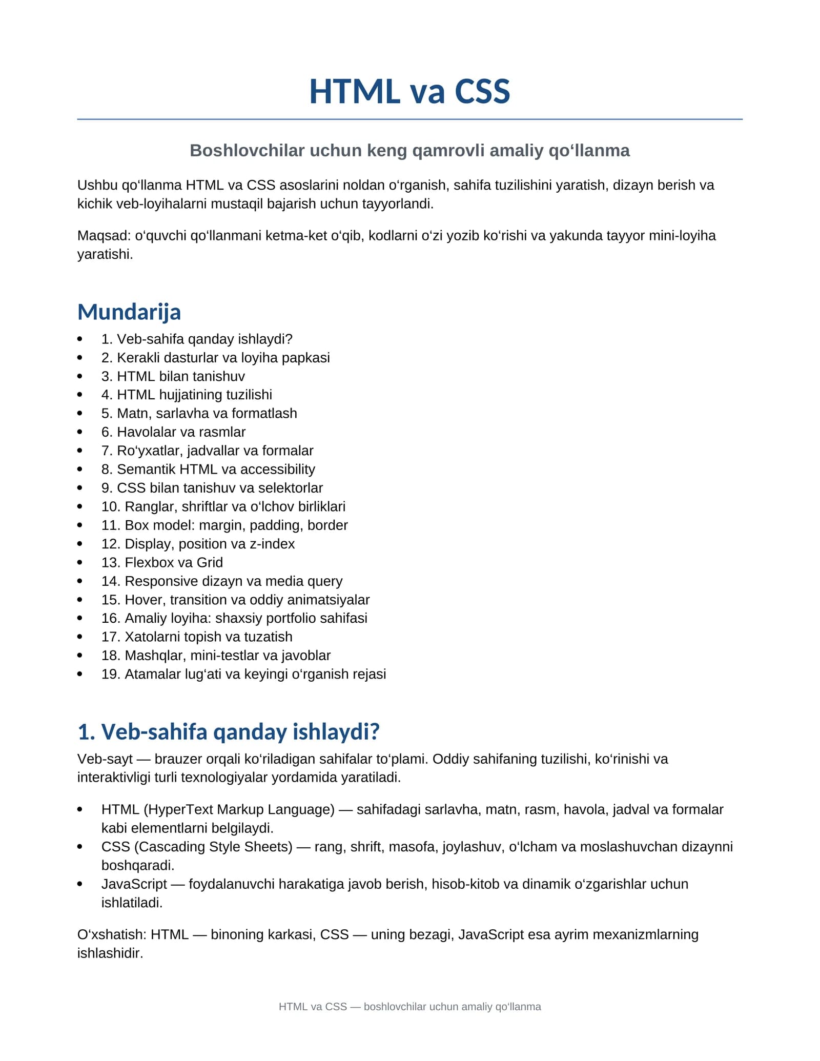 HTML va CSS boshlovchilar uchun qollanma kodaar