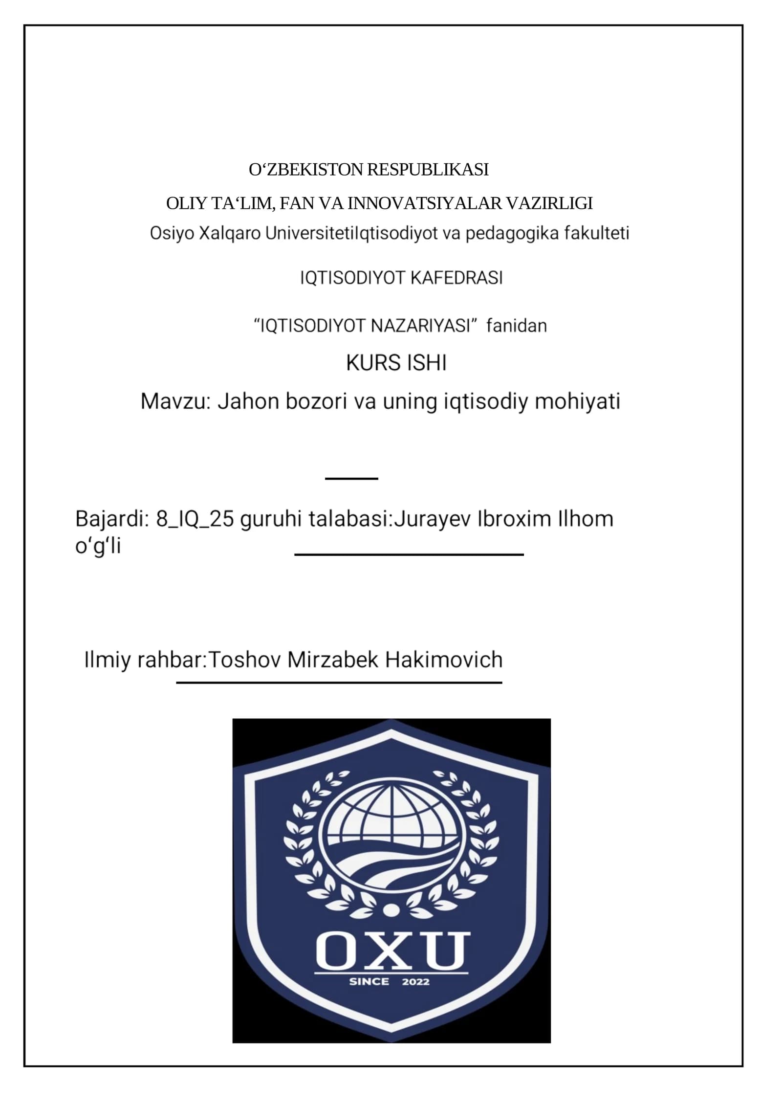 Jahon bozori va uning mohiyati