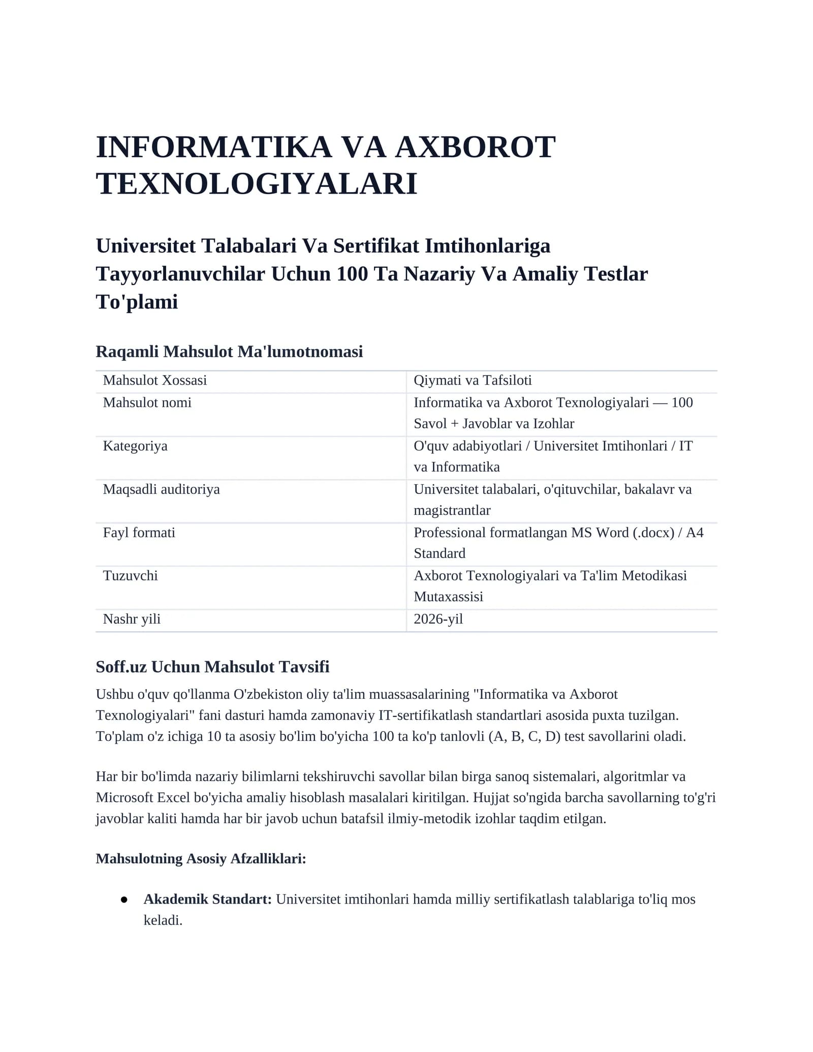 Informatika va Axborot Texnologiyalari — 100 Savol + Javoblar va Izohlar