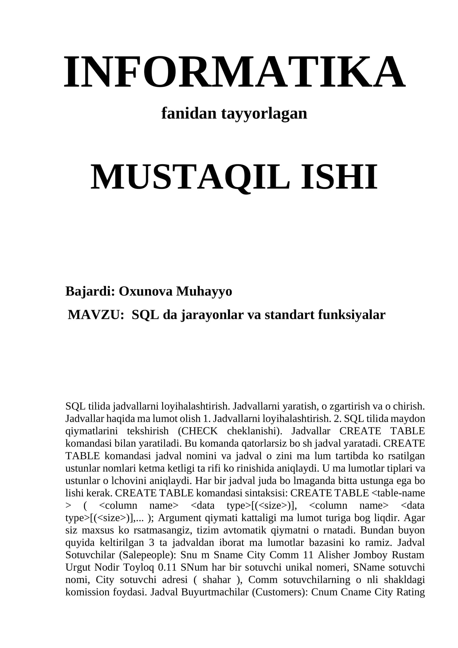 SQL da jarayonlar va standart funksiyalar