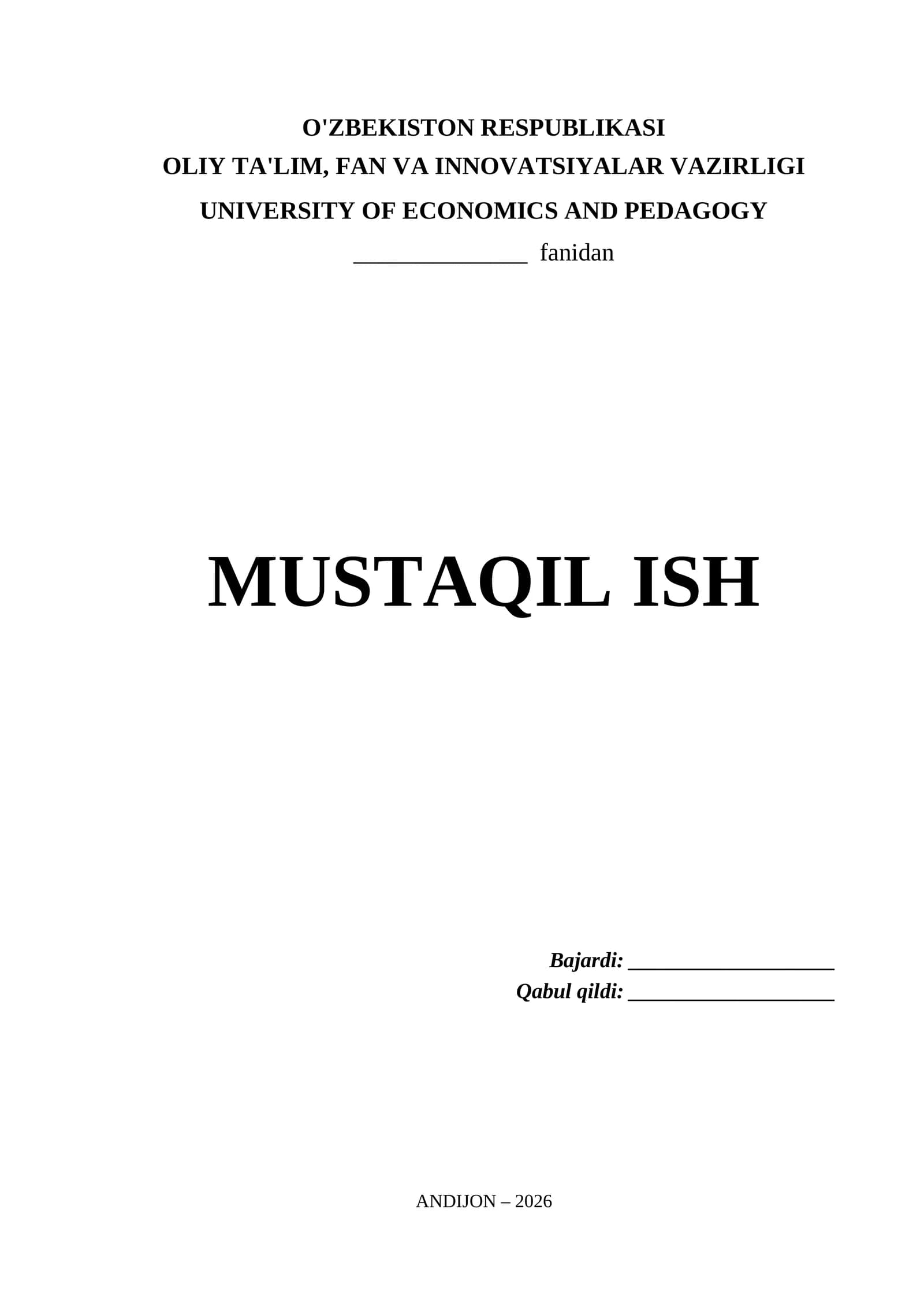 University of Economics and Pedagogy Mustaqil Ish Titul Varaq (.docx)