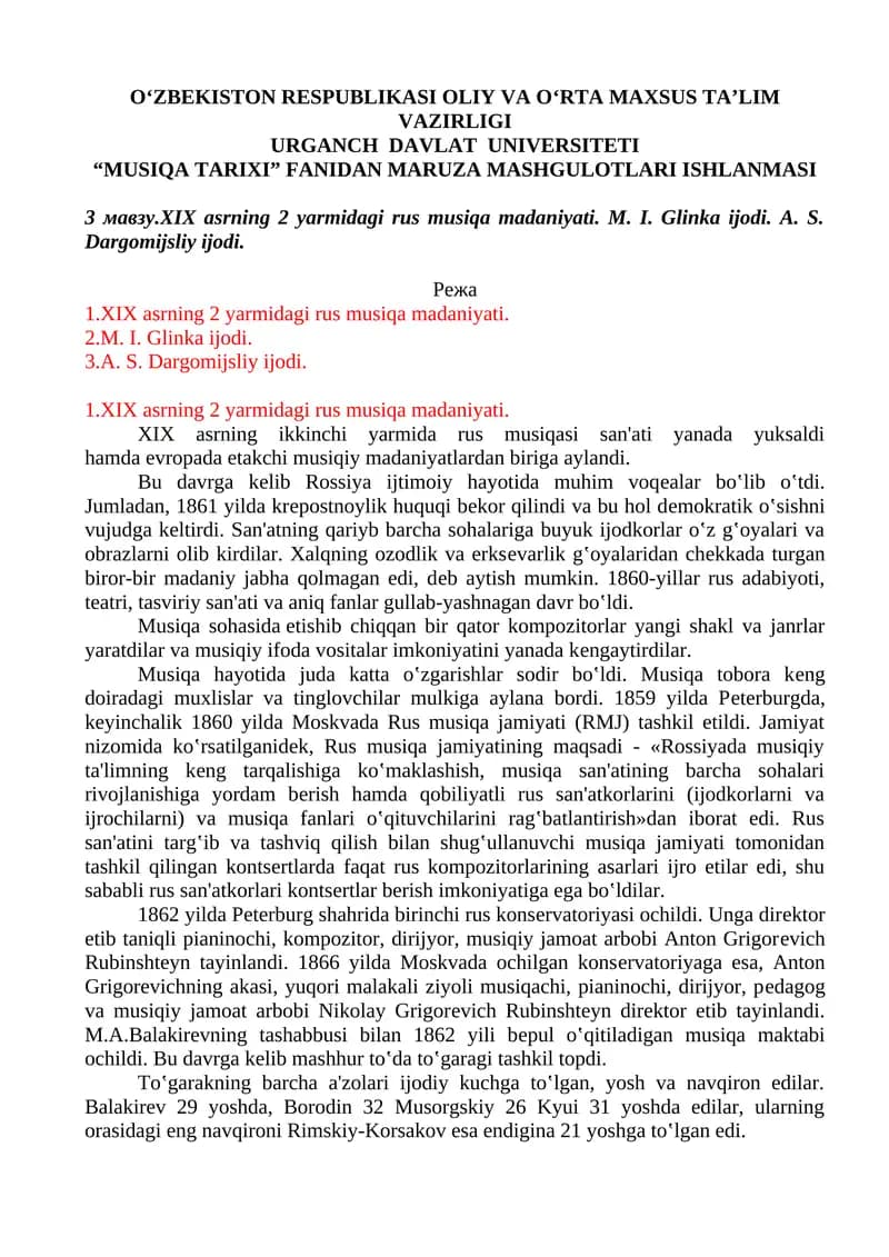 XIX asrning 2 yarmidagi rus musiqa madaniyati
