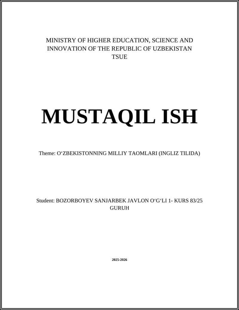 OʻZBEKISTONNING MILLIY TAOMLARI (INGLIZ TILIDA)