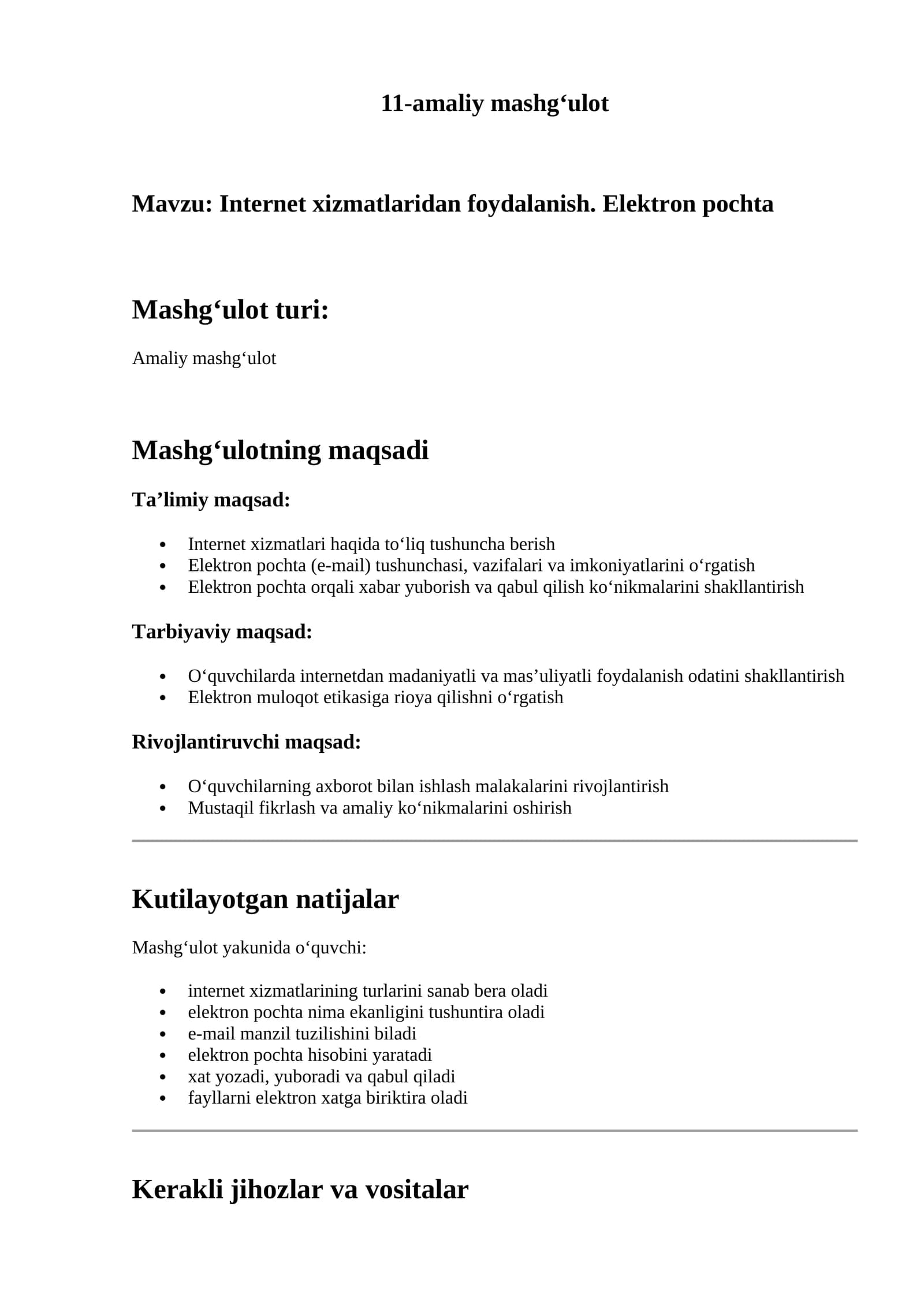 Internet xizmatlaridan foydalanish. Elektron pochta