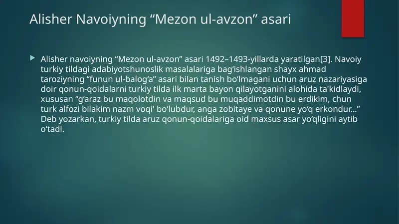Alisher Navoiyning “Mezon ul-avzon” asari