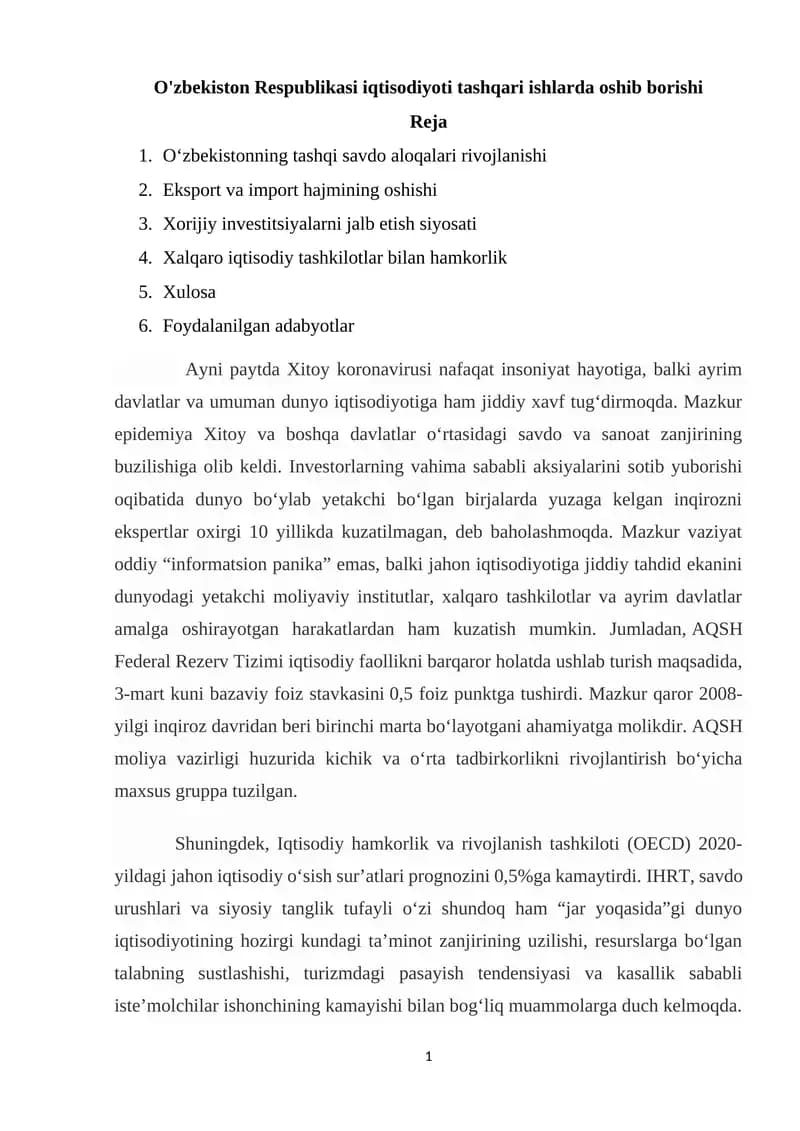 O'zbekiston Respublikasi iqtisodiyoti tashqari ishlarda oshib borishi