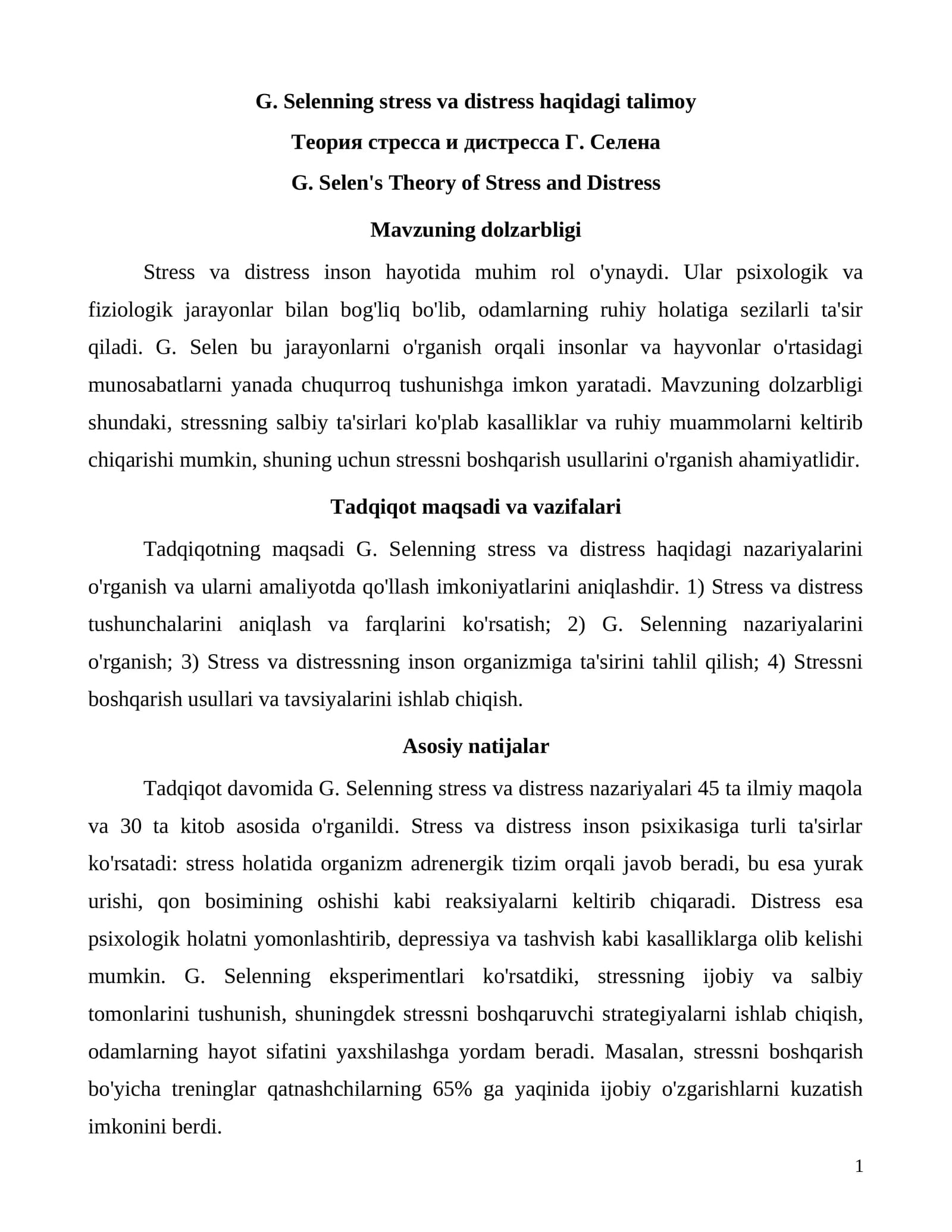 G. Selenning stress va distress haqidagi talimoy