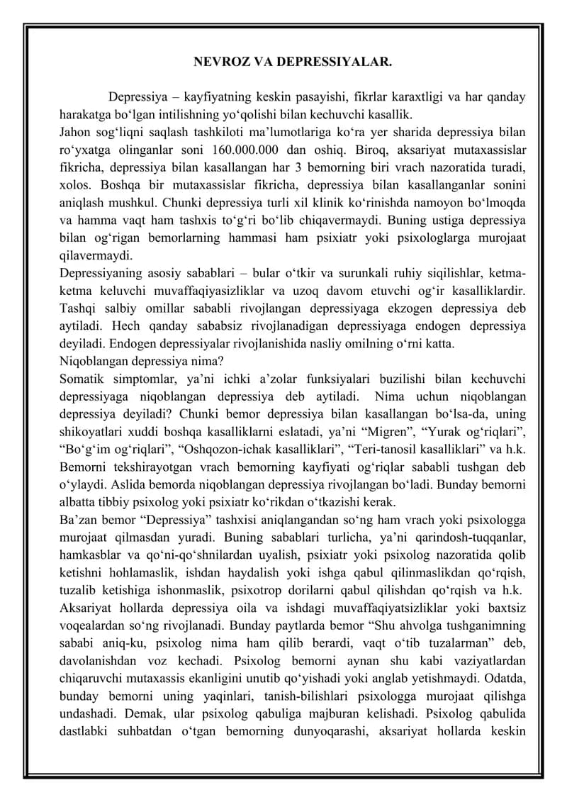 NEVROZ VA DEPRESSIYALAR