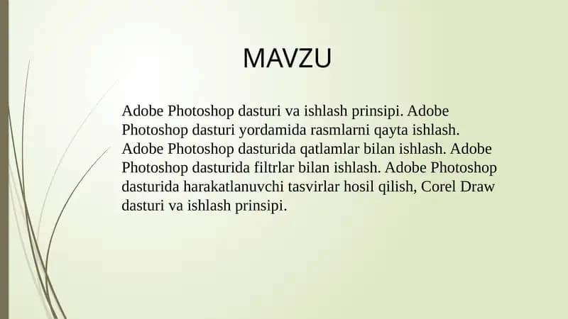 Adobe Photoshop dasturi va ishlash prinsipi. Adobe Photoshop dasturi yordamida rasmlarni qayta ishlash. Adobe Photoshop dasturida qatlamlar bilan ishlash, Adobe Photoshop dasturida filtrlar bilan ishlash, Adobe Photoshop dasturida harakatlanuvchi tasvirlar ho