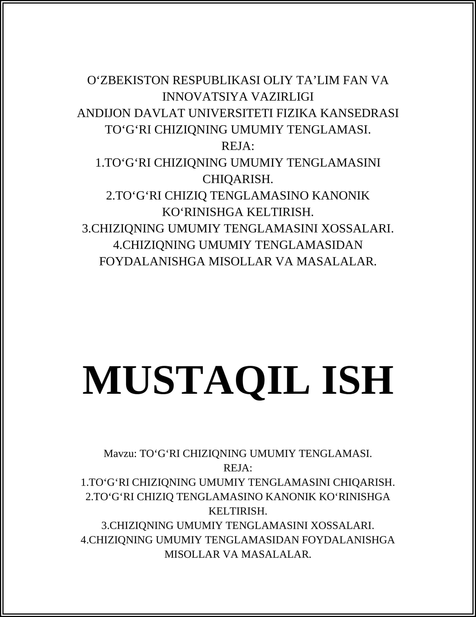 TO'G'RI CHIZIQNING UMUMIY TENGLAMASI