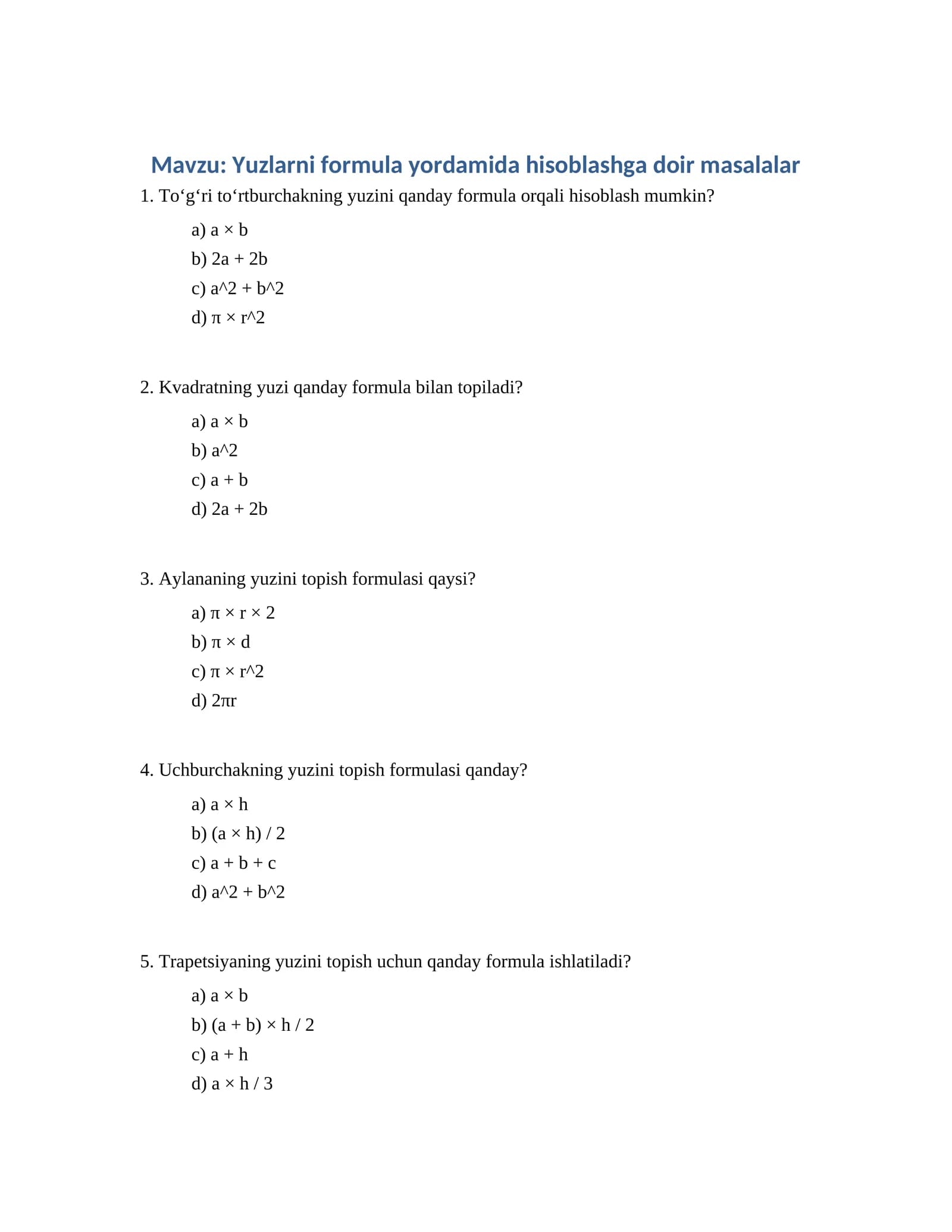 Yuzlarni formula yordamida hisoblashga doir masalalar