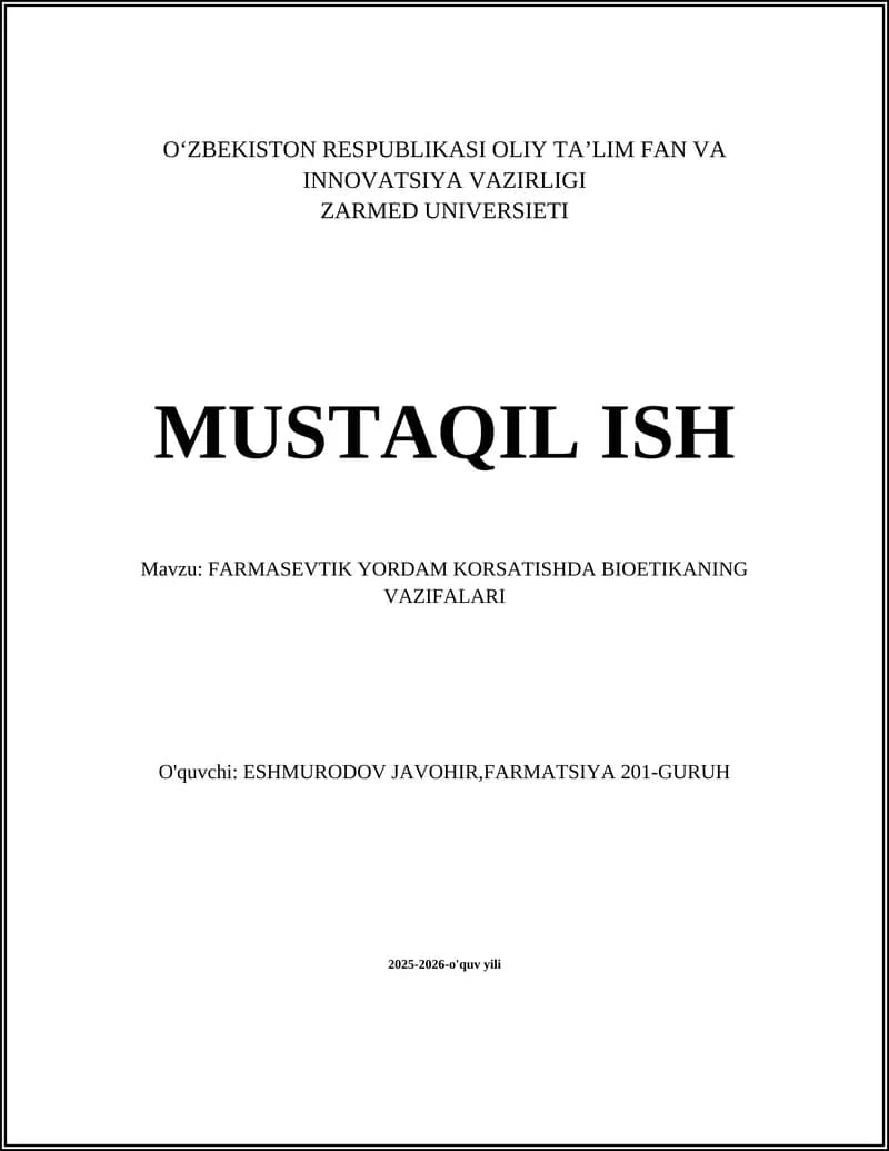 Farmasevtik Yordam Korsatishda Bioetikaning Vazifalari