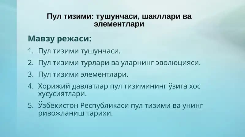 Пул тизими тушунчаси, шакллари ва элементлари