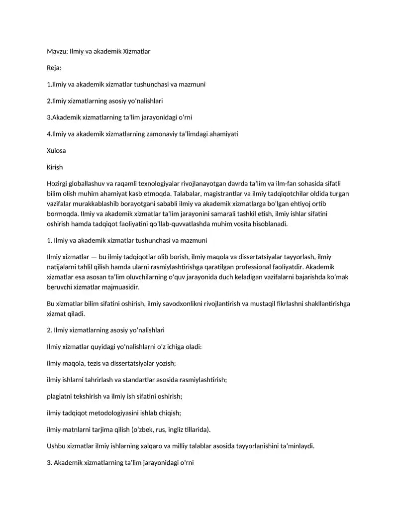 Ilmiy va akademik Xizmatlar