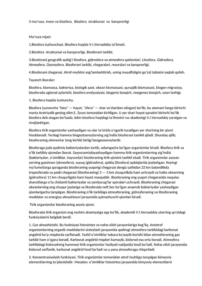 Biosfera strukturasi va barqarorligi