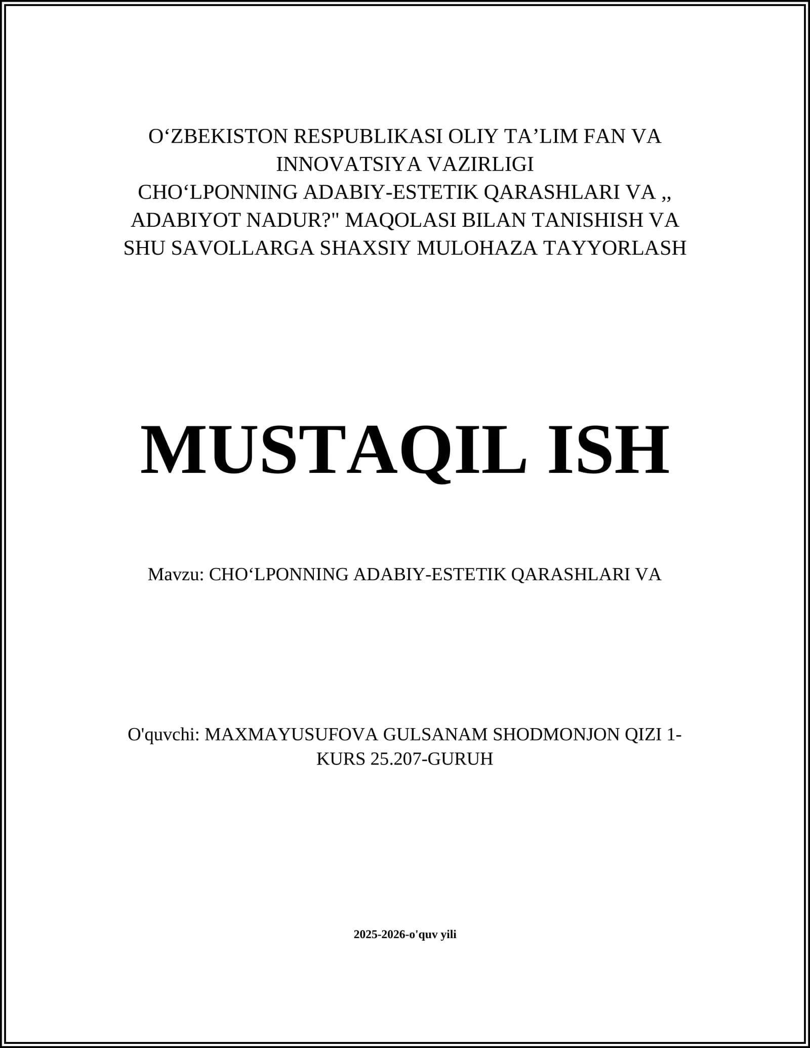 CHOʻLPONNING ADABIY-ESTETIK QARASHLARI VA