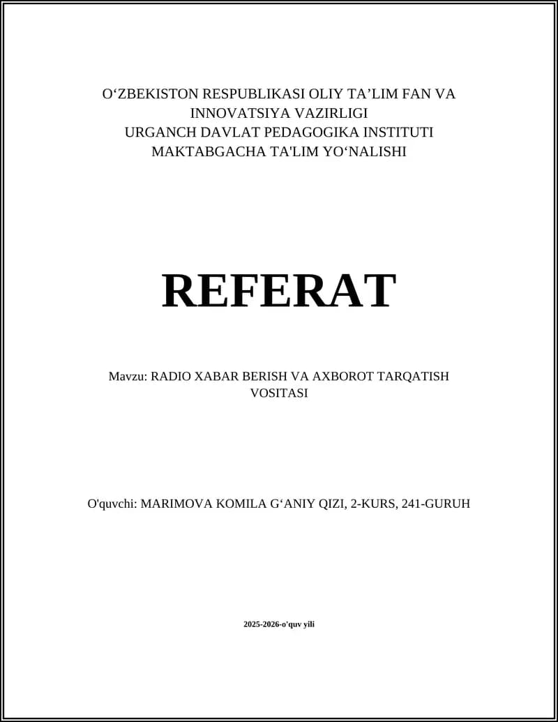 RADIO XABAR BERISH VA AXBOROT TARQATISH VOSITASI