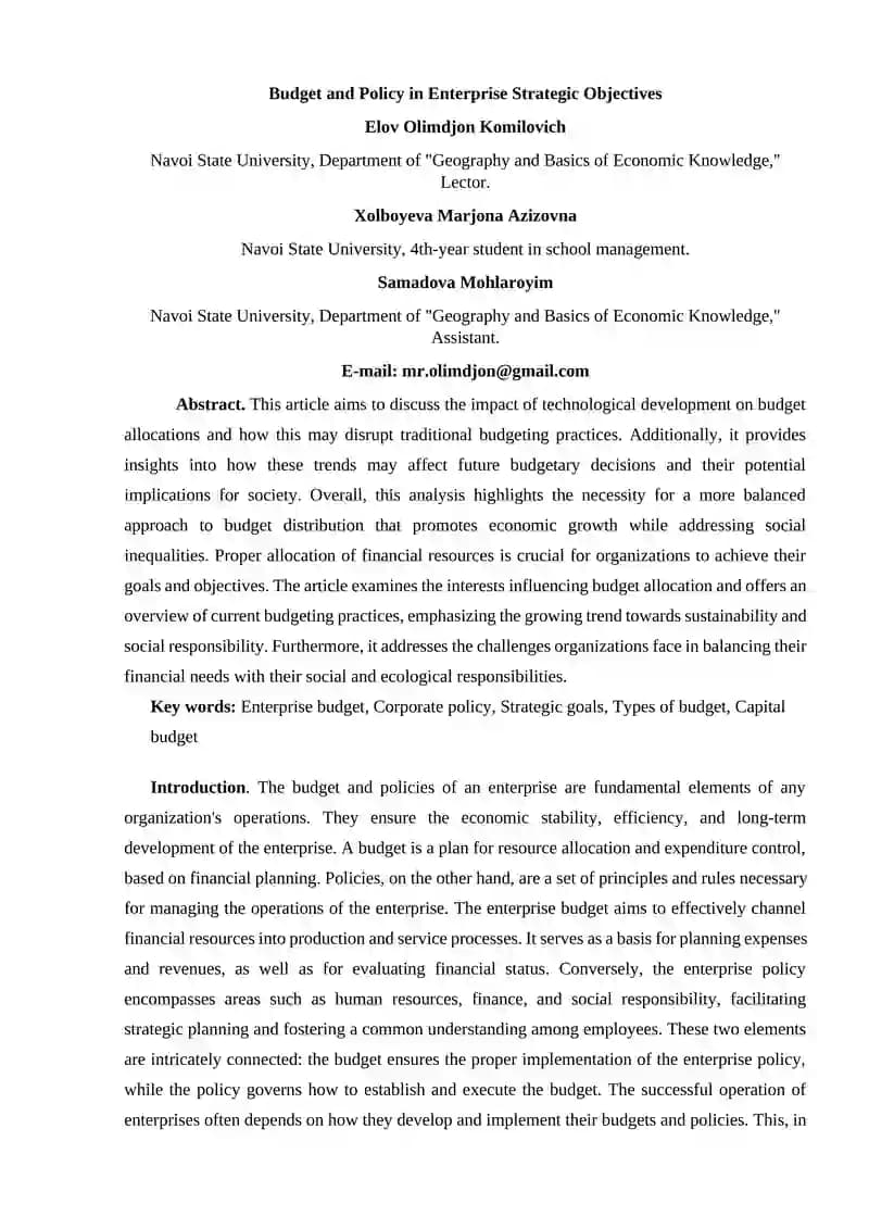 Budget and Policy in Enterprise Strategic Objectives