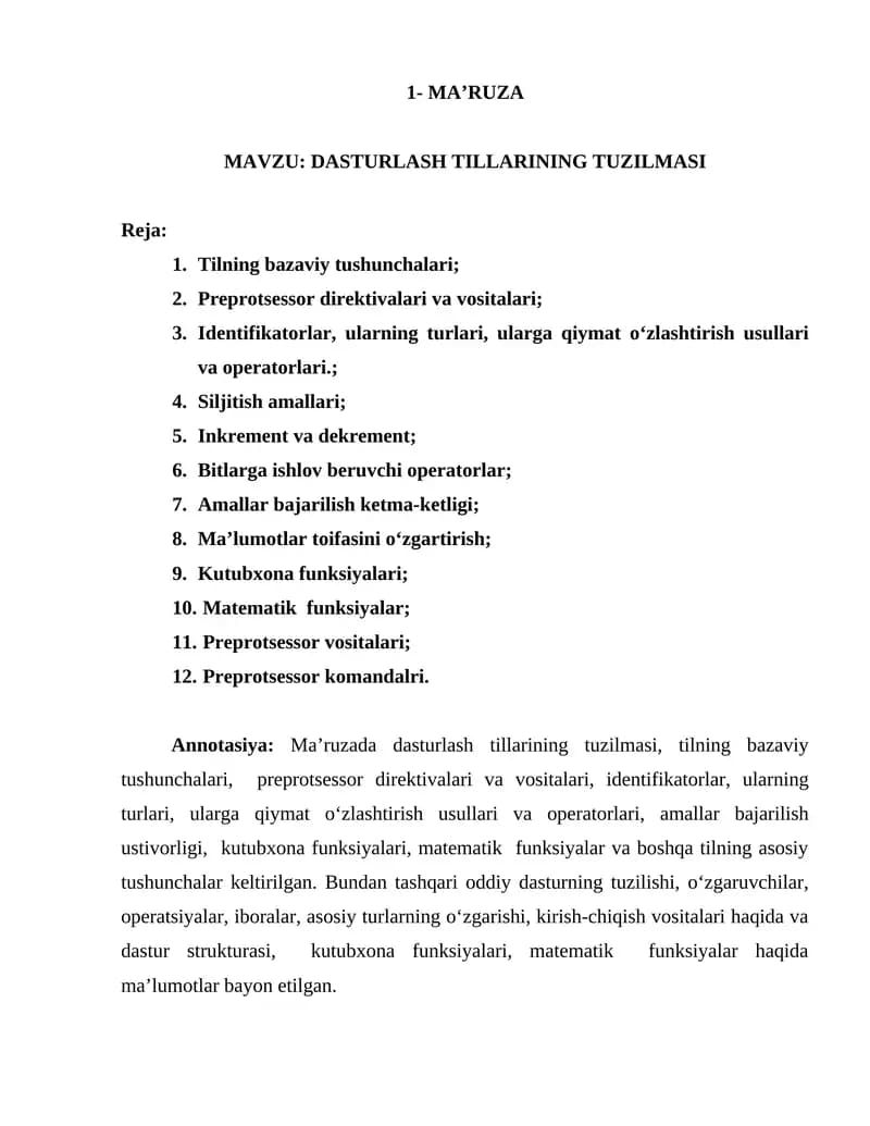 Dasturlash Tillarining Tuzilmasi