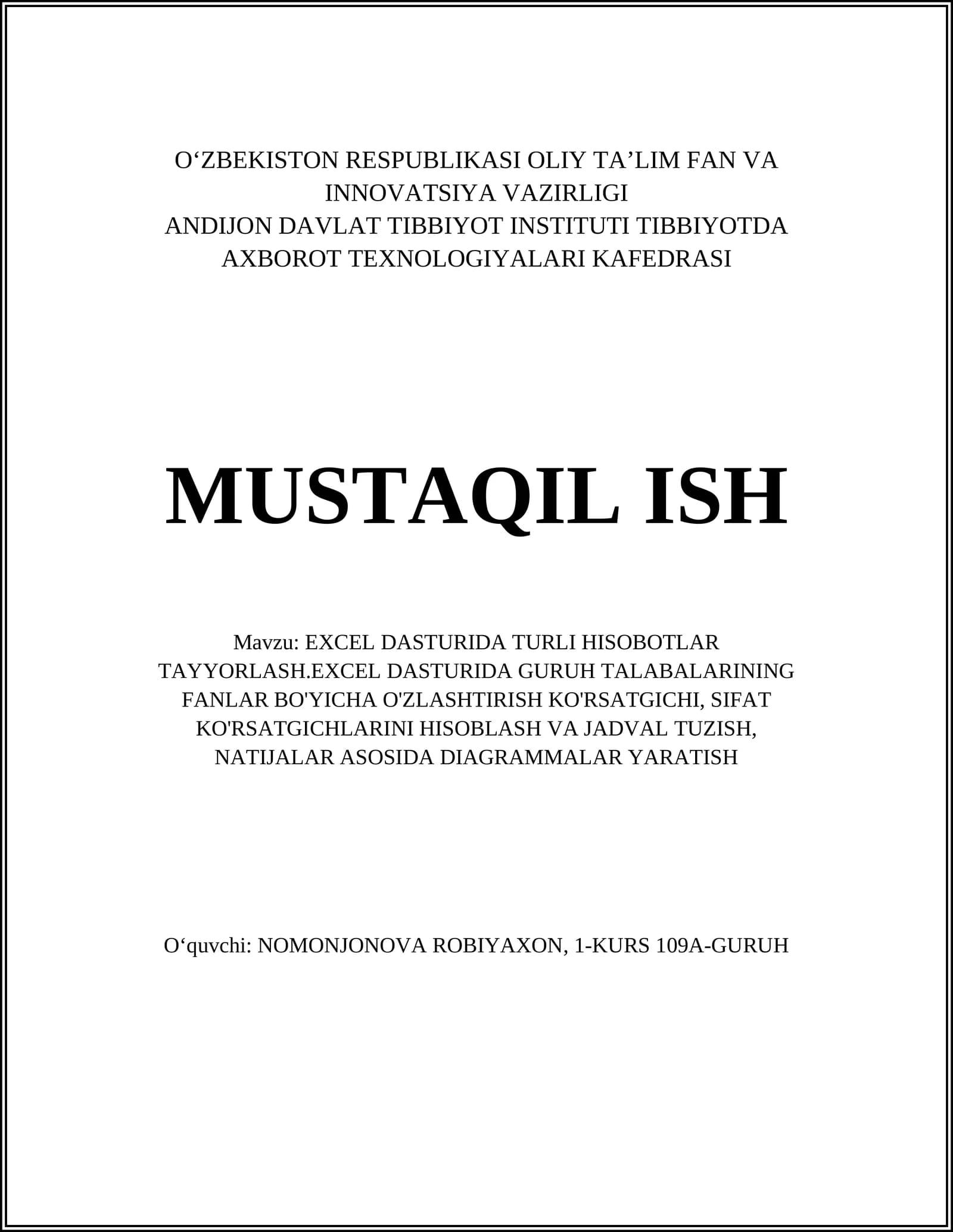 EXCEL DASTURIDA TURLI HISOBOTLAR TAYYORLASH