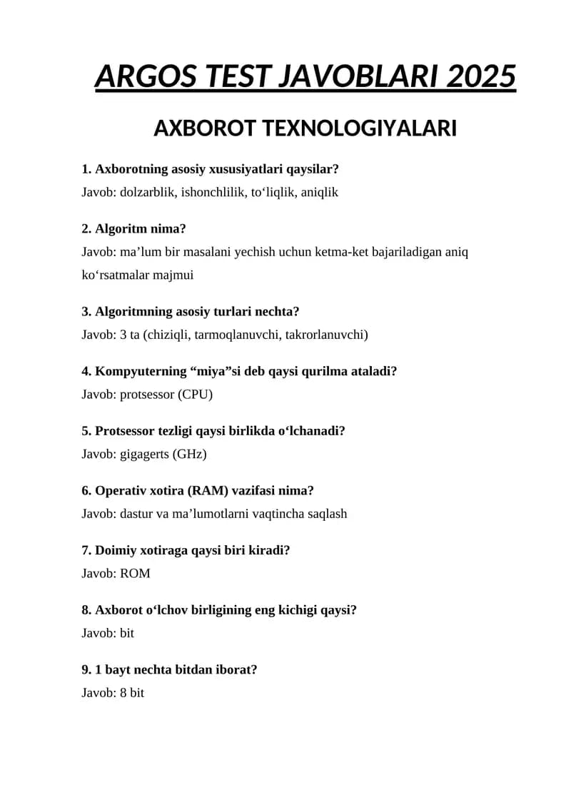 ARGOS TEST JAVOBLARI 2025