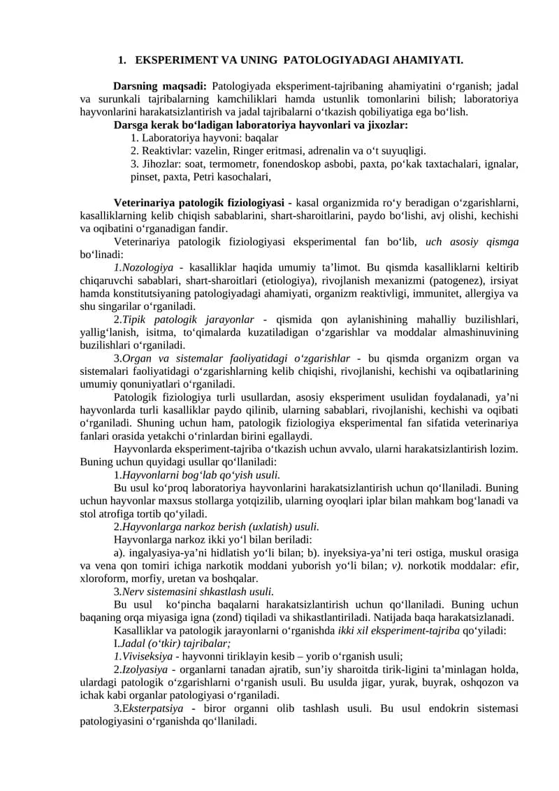 EKSPERIMENT VA UNING PATOLOGIYADAGI AHAMIYATI