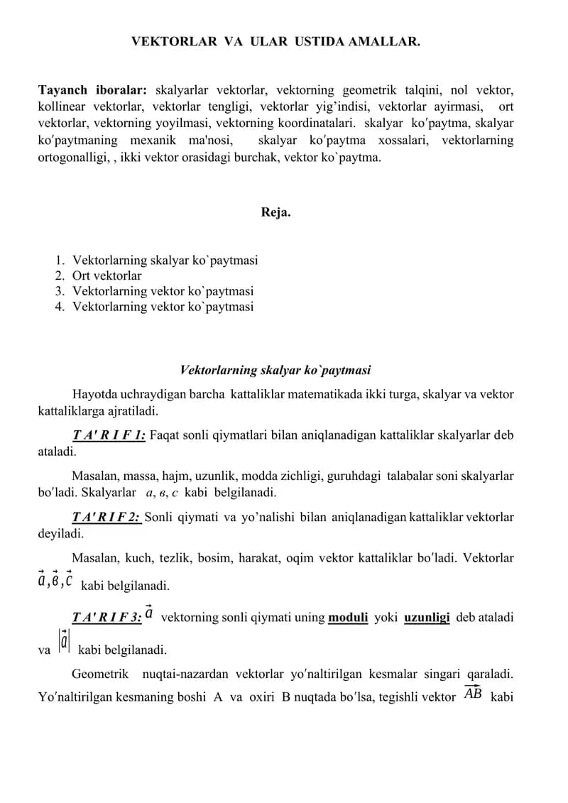 VЕKTORLAR  VA  ULAR  USTIDA AMALLAR.