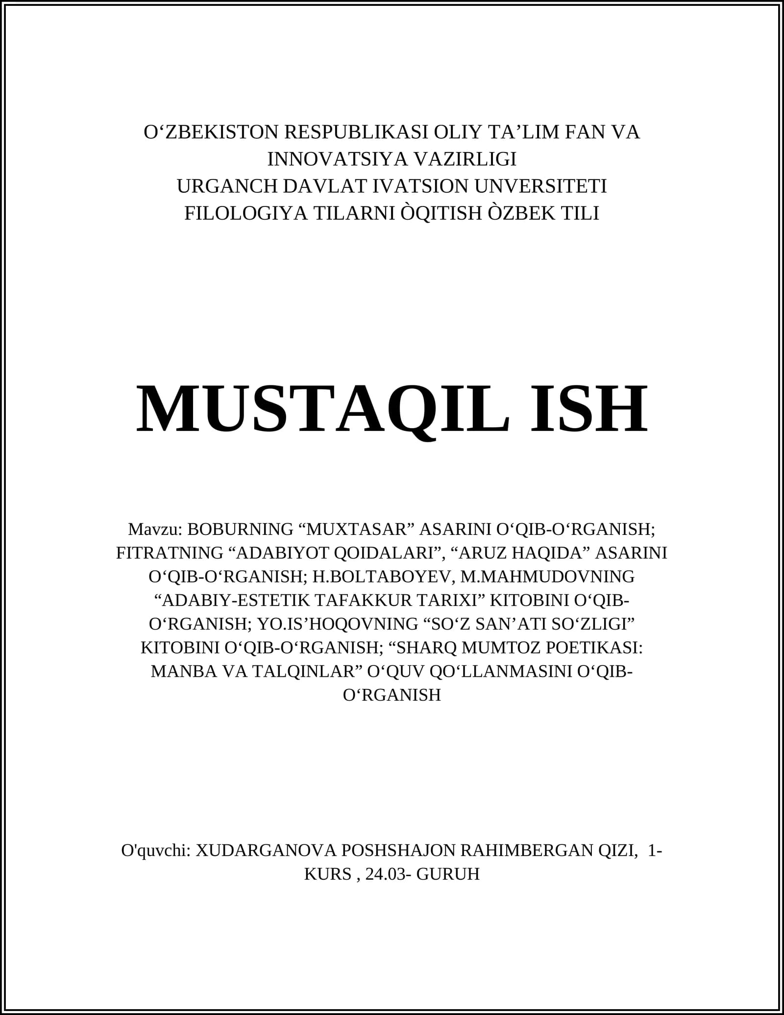 BOBURNING “MUXTASAR” ASARINI O‘QIB-O‘RGANISH