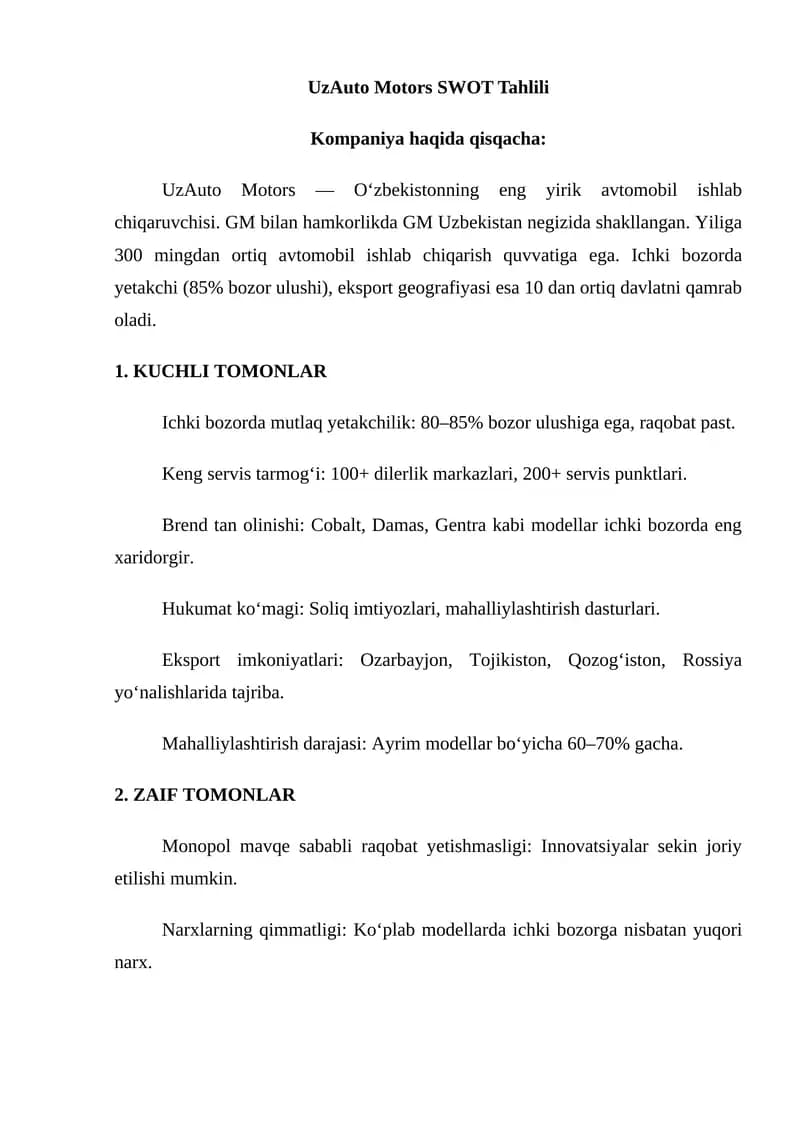 UzAuto Motors SWOT Tahlili