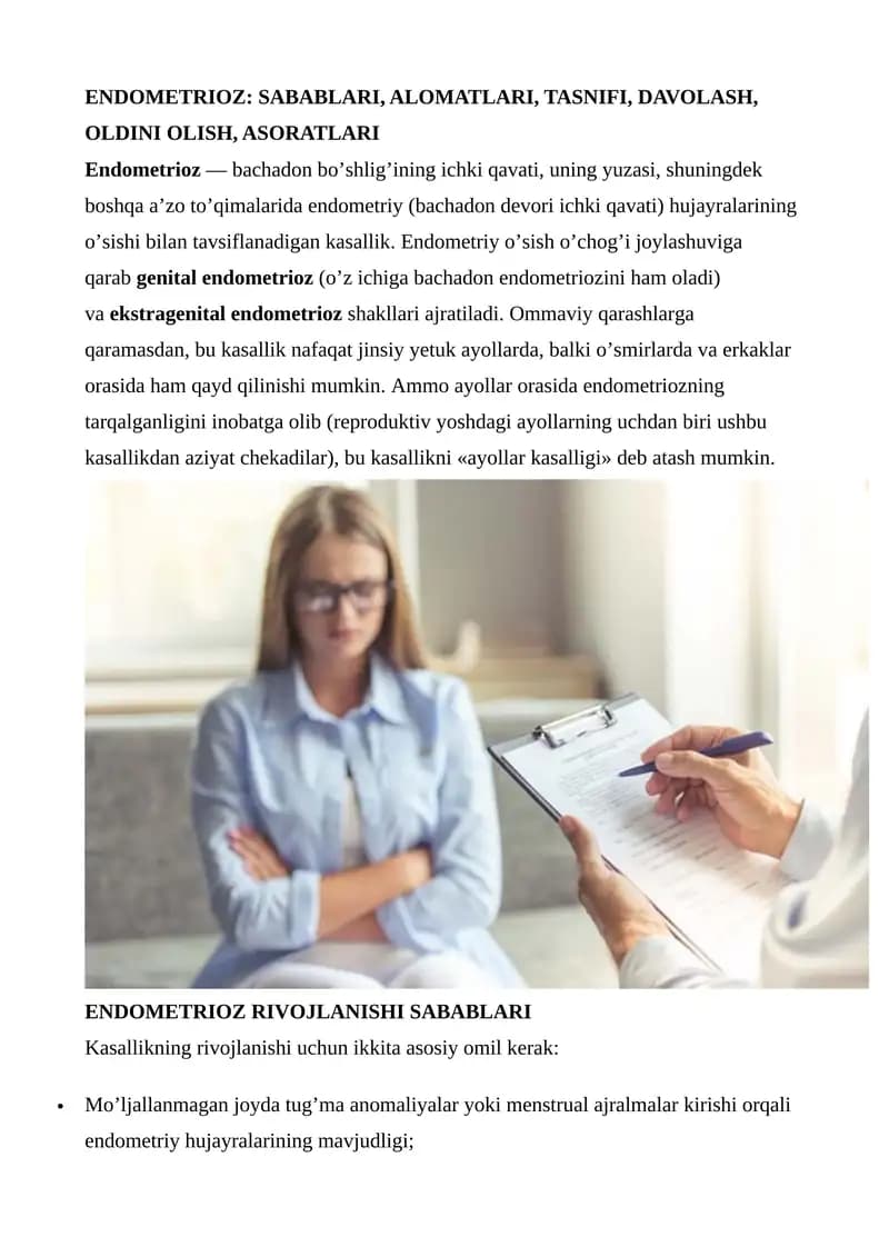 ENDOMETRIOZ: SABABLARI, ALOMATLARI, TASNIFI, DAVOLASH, OLDINI OLISH, ASORATLARI