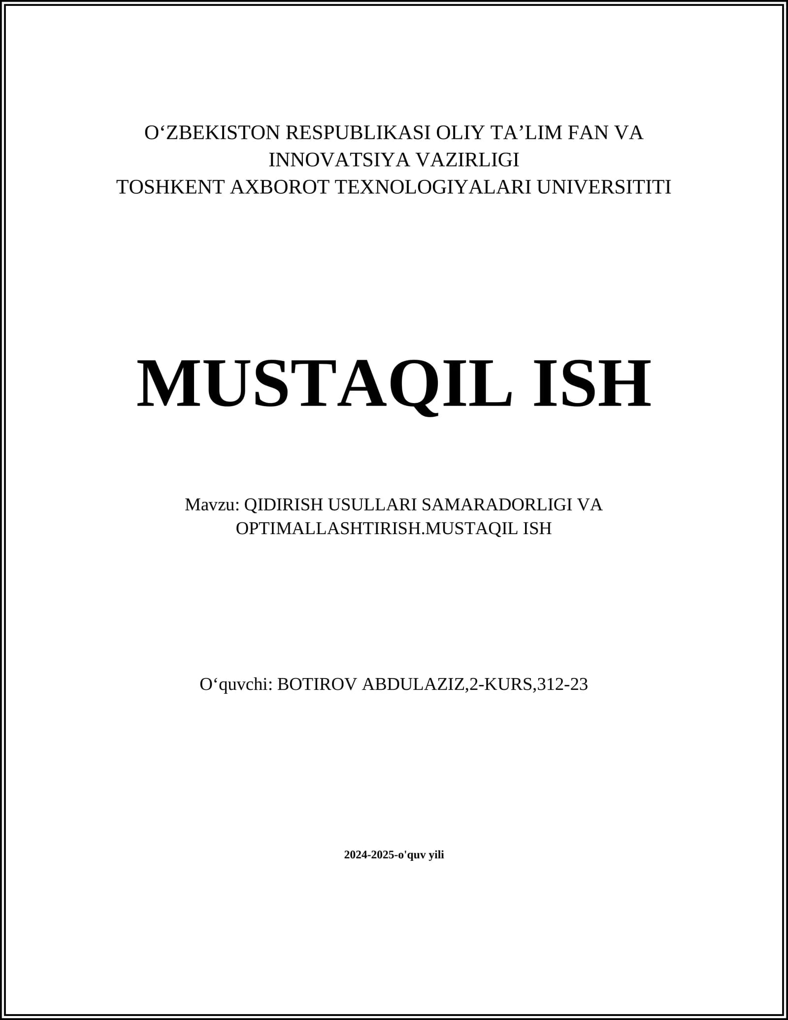 QIDIRISH USULLARI SAMARADORLIGI VA OPTIMALLASHTIRISH