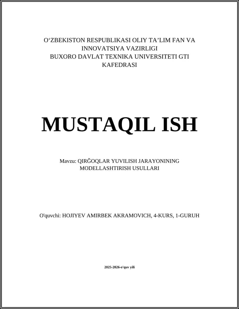 QIRĞOQLAR YUVILISH JARAYONINING MODELLASHTIRISH USULLARI