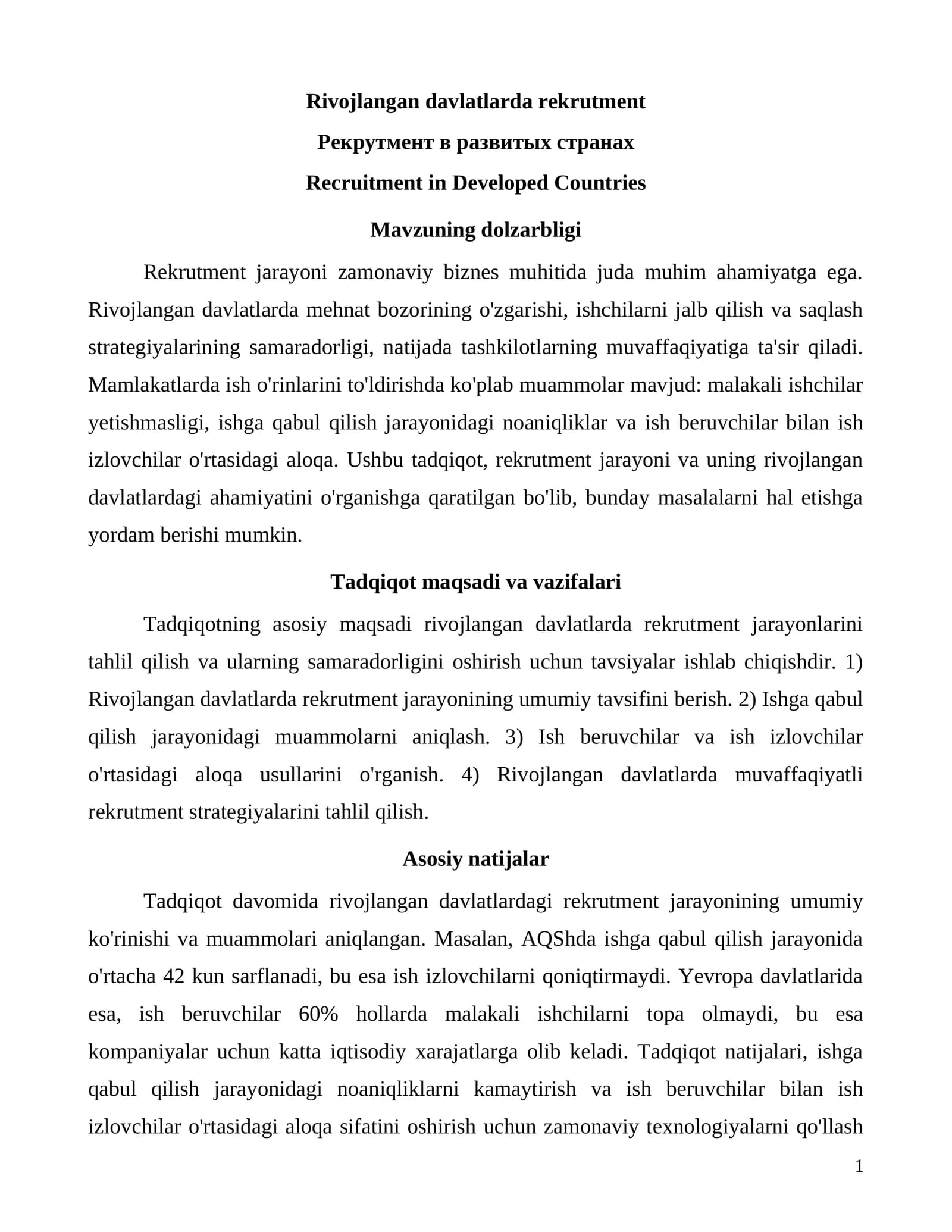 Rivojlangan davlatlarda rekrutment