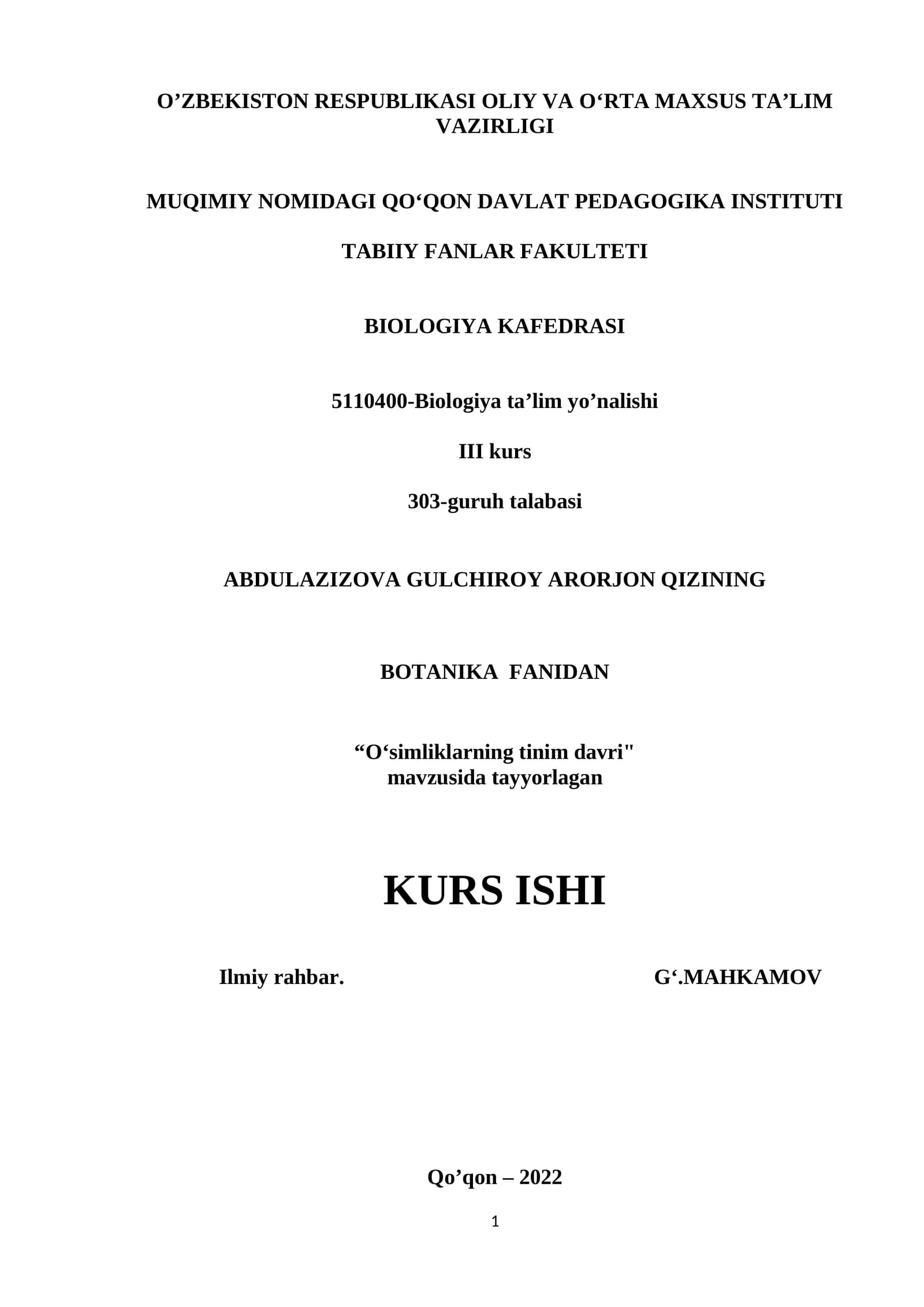 O‘simliklarning tinim davri KURS ISHI