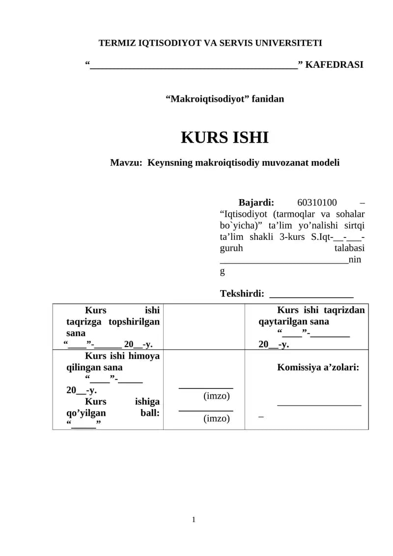 Keynsning makroiqtisodiy muvozanat modeli