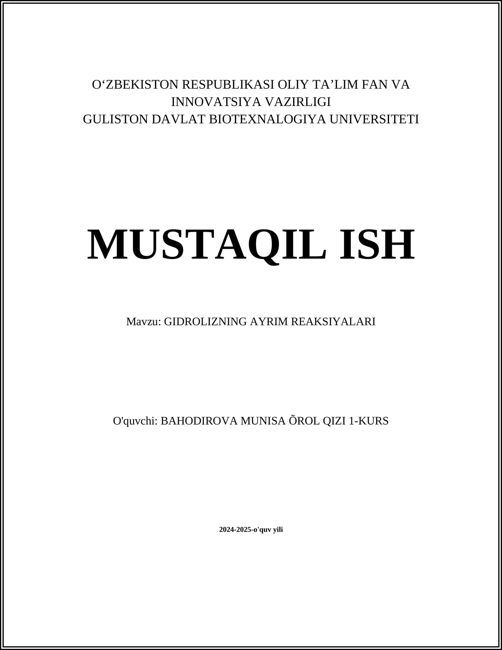 GIDROLIZNING AYRIM REAKSIYALARI