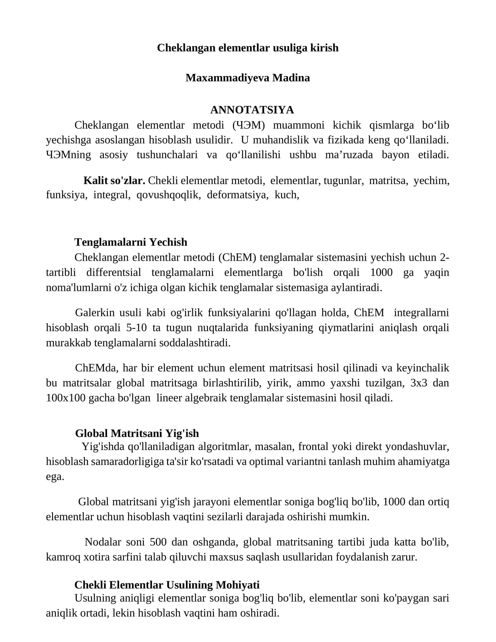 Cheklangan elementlar usuliga kirish
