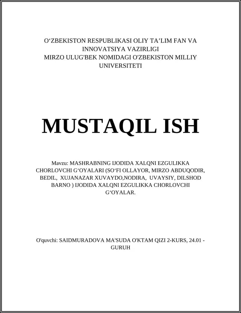 MASHRABNING IJODIDA XALQNI EZGULIKKA CHORLOVCHI GʻOYALARI