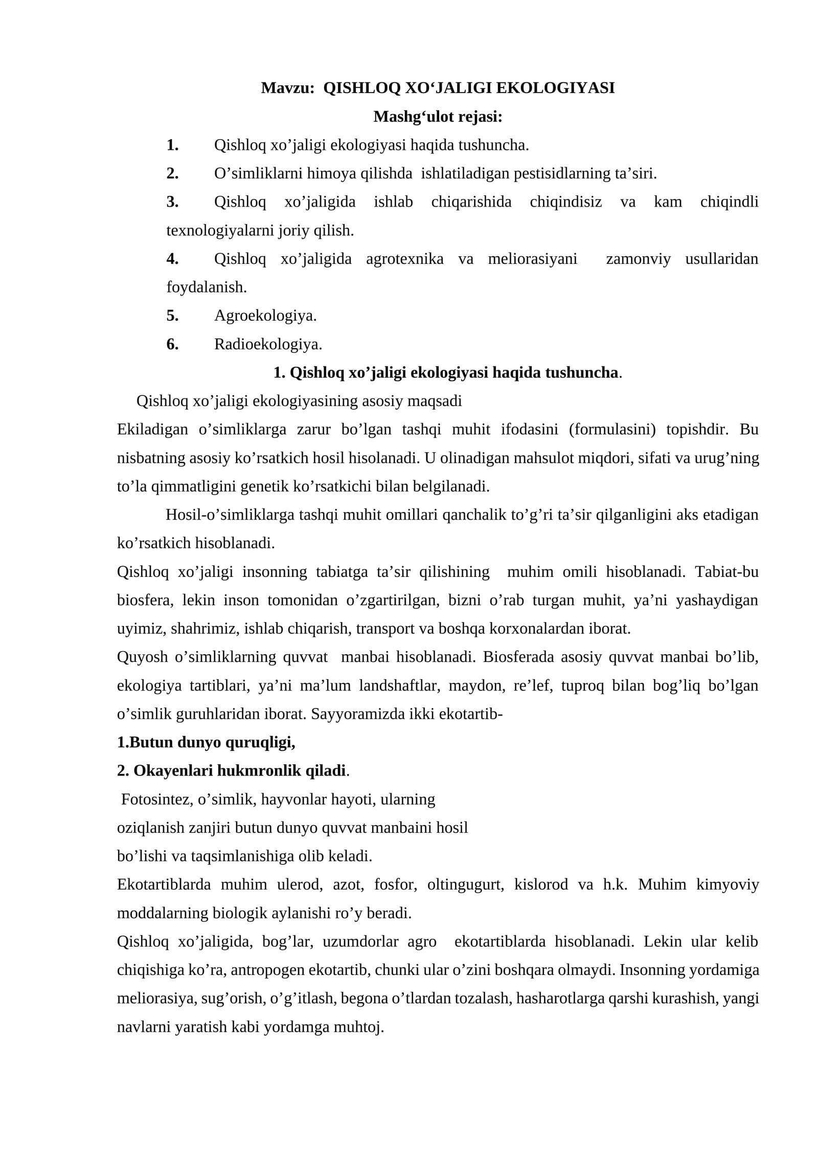 QISHLOQ XO‘JALIGI EKOLOGIYASI