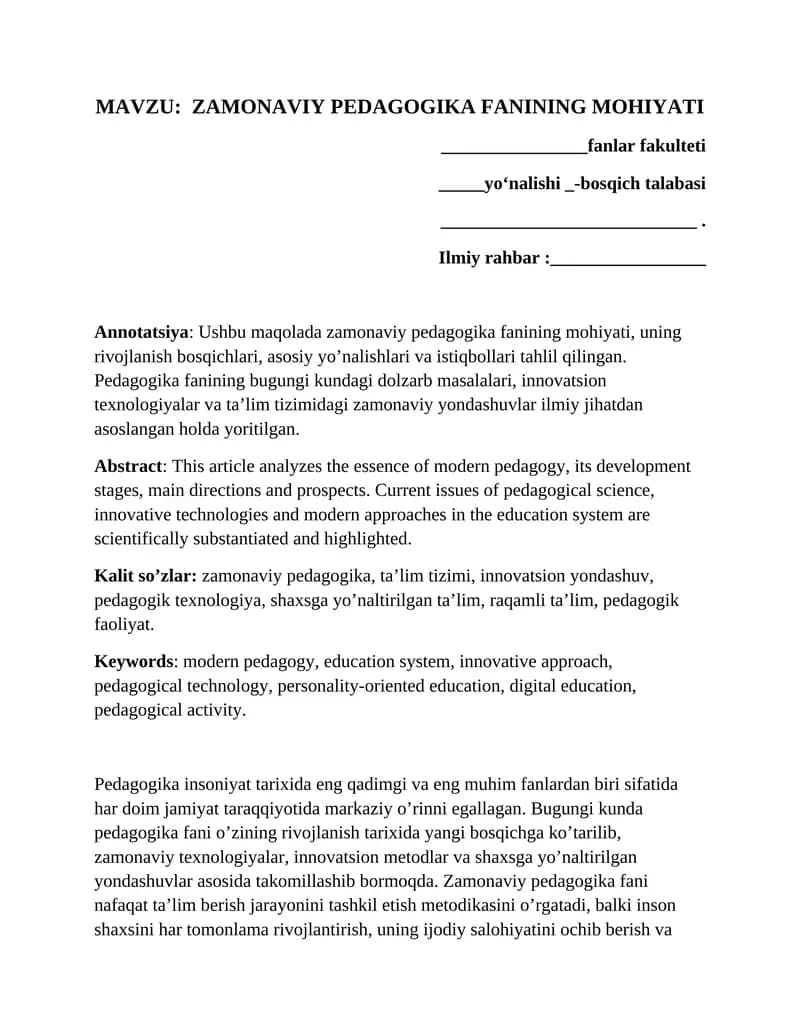 ZAMONAVIY PEDAGOGIKA FANINING MOHIYATI