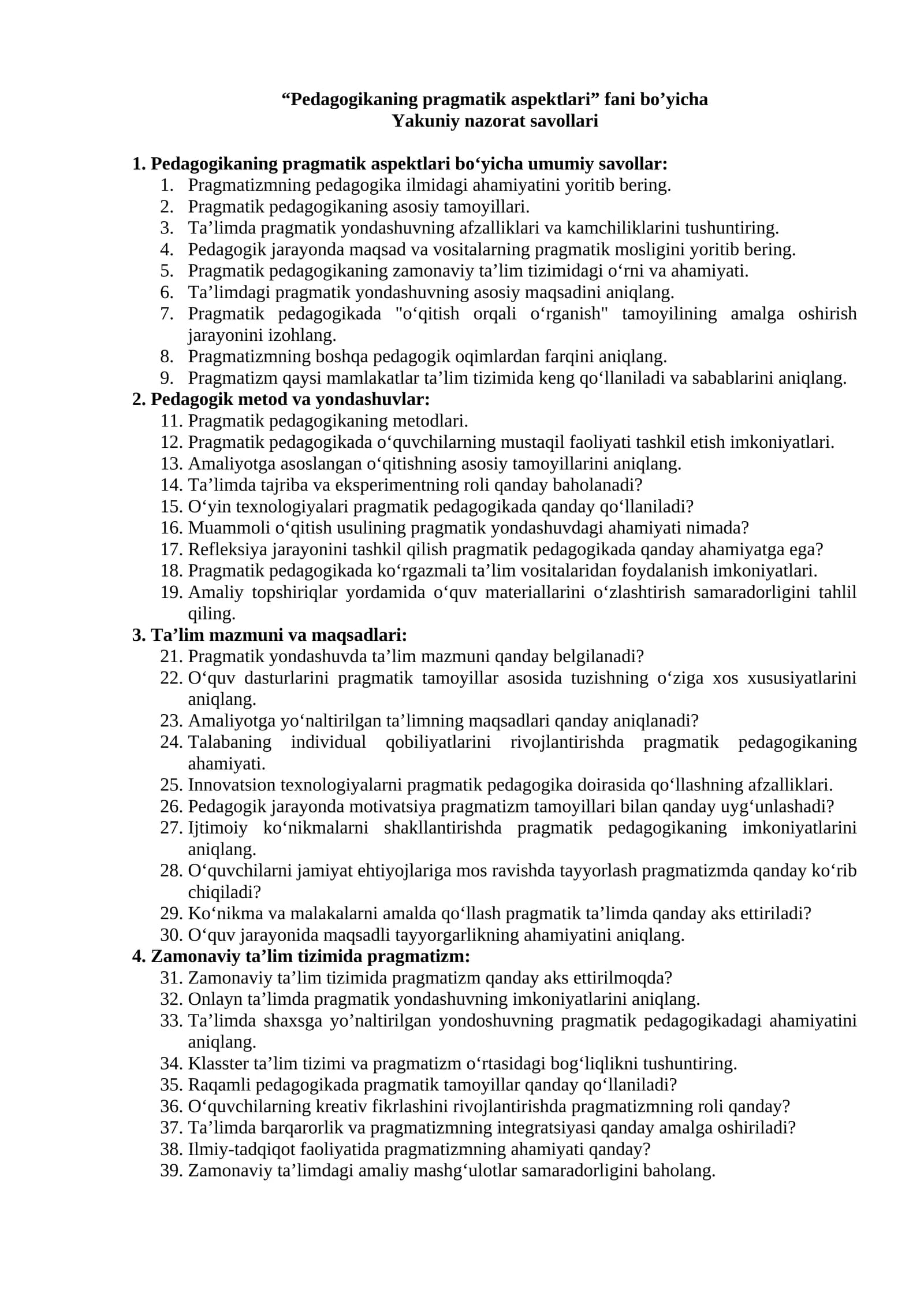 Pedagogikaning pragmatik aspektlari