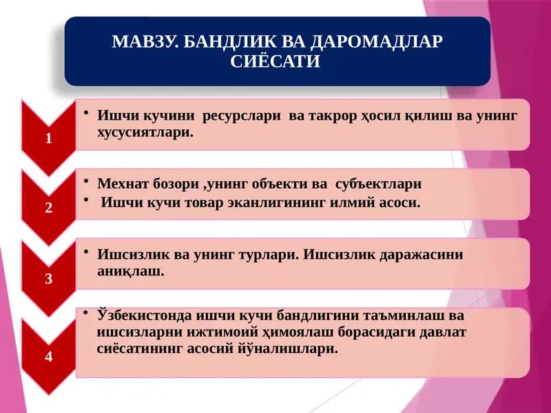 БАНДЛИК ВА ДАРОМАДЛАР СИЁСАТИ