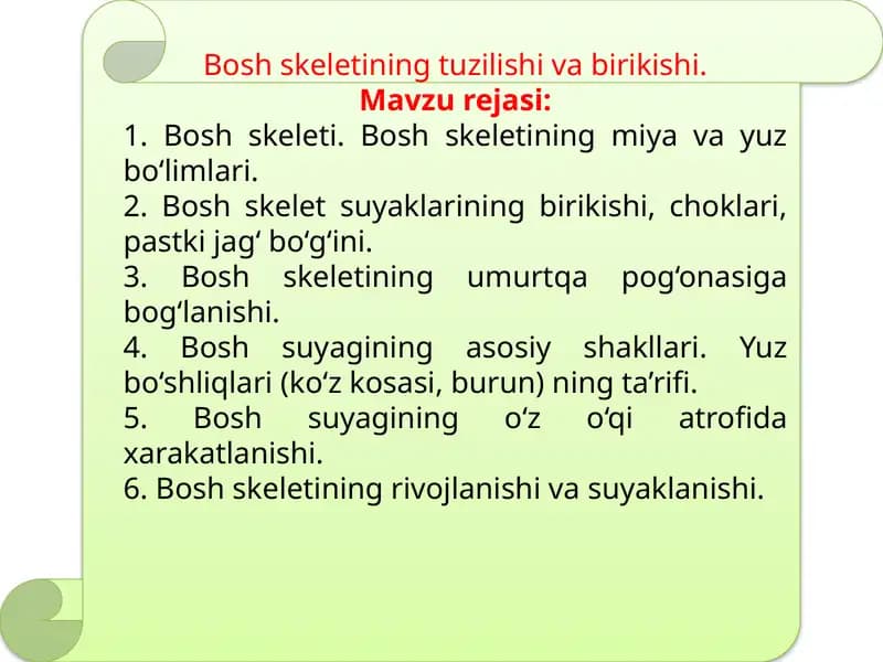 Bosh skeletining tuzilishi va birikishi