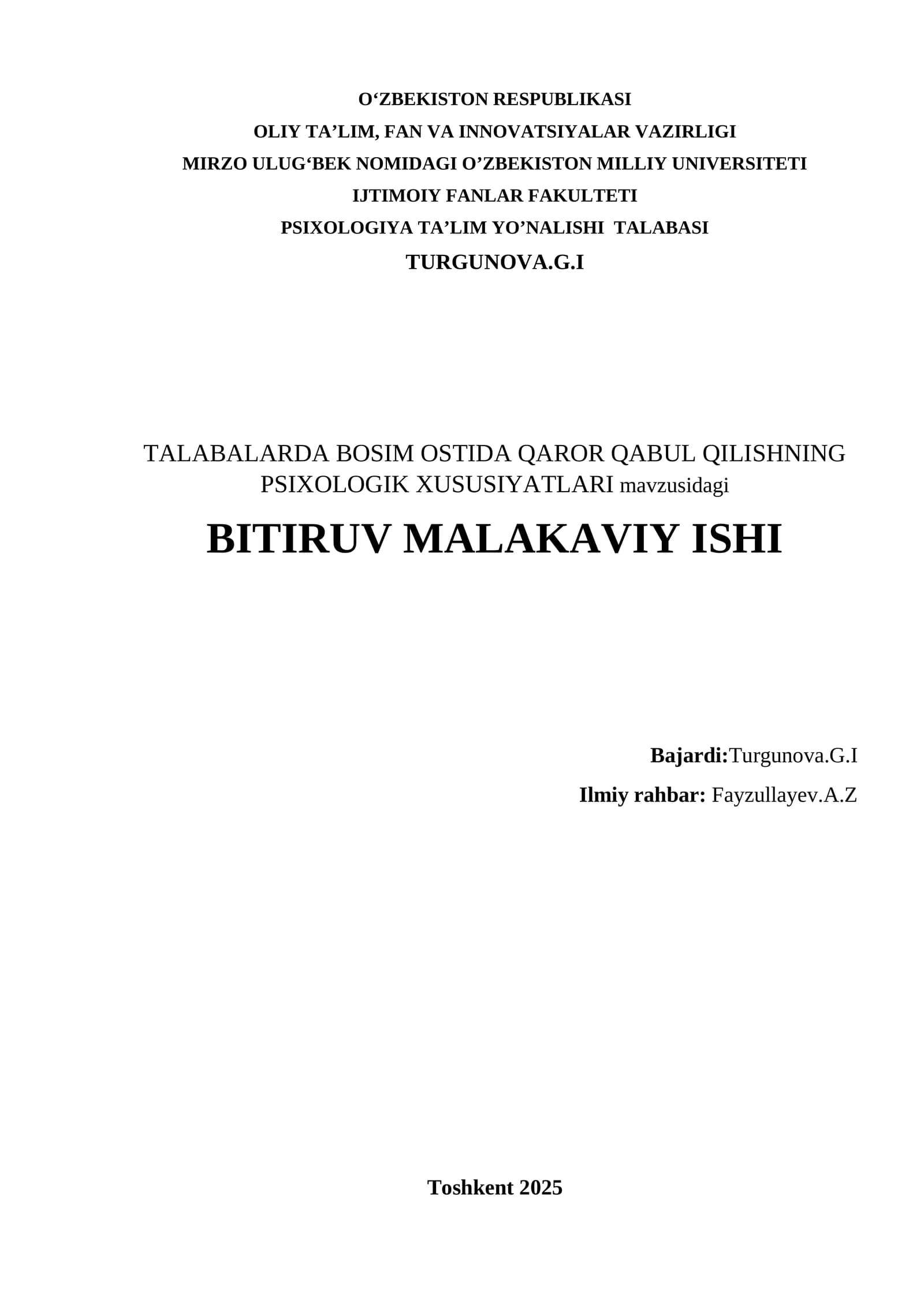 TALABALARDA BOSIM OSTIDA QAROR QABUL QILISHNING PSIXOLOGIK XUSUSIYATLARI