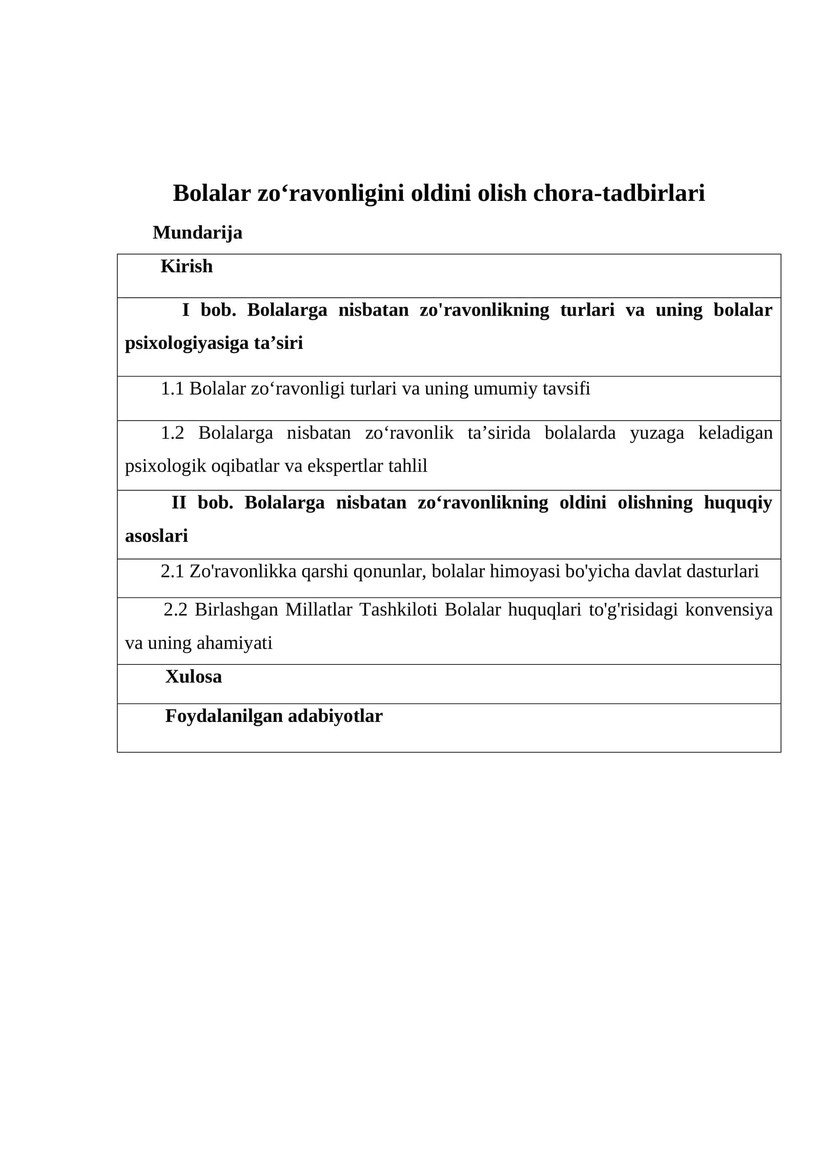 Bolalar zo‘ravonligini oldini olish chora-tadbirlari