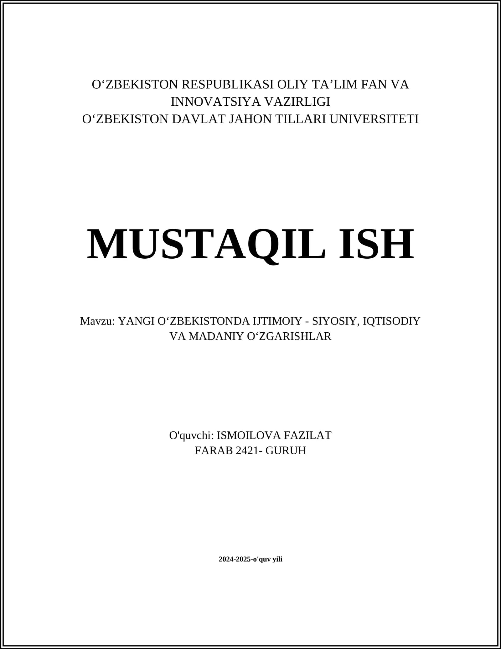 YANGI OʻZBEKISTONDA IJTIMOIY - SIYOSIY, IQTISODIY VA MADANIY OʻZGARISHLAR
