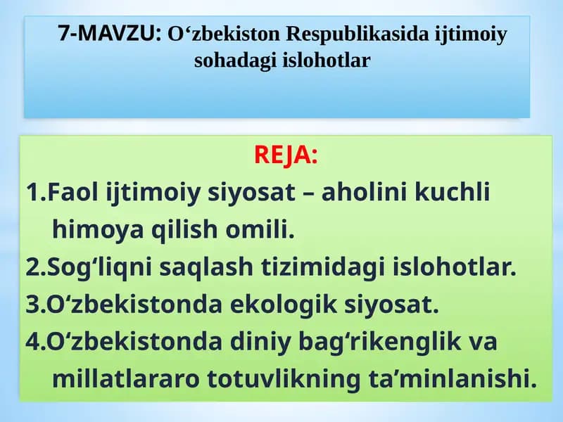 O‘zbekiston Respublikasida ijtimoiy sohadagi islohotlar