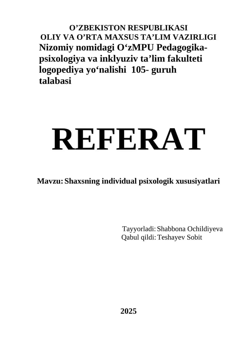 Shaxsning individual psixologik xususiyatlari
