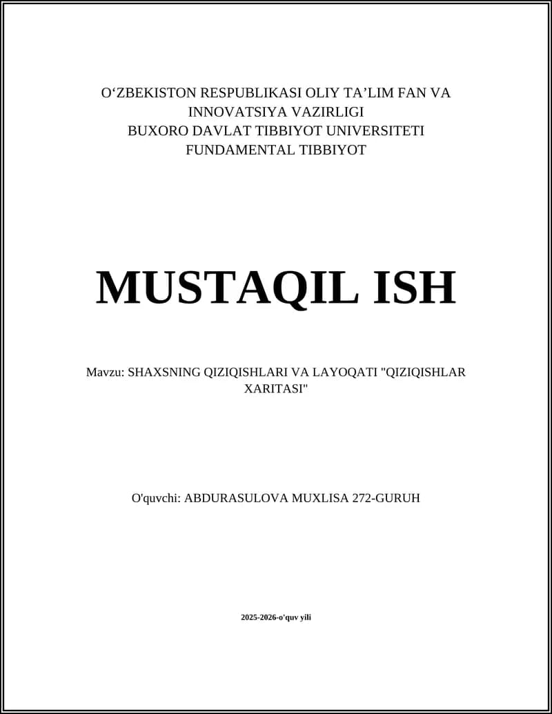 SHAXSNING QIZIQISHLARI VA LAYOQATI "QIZIQISHLAR XARITASI"