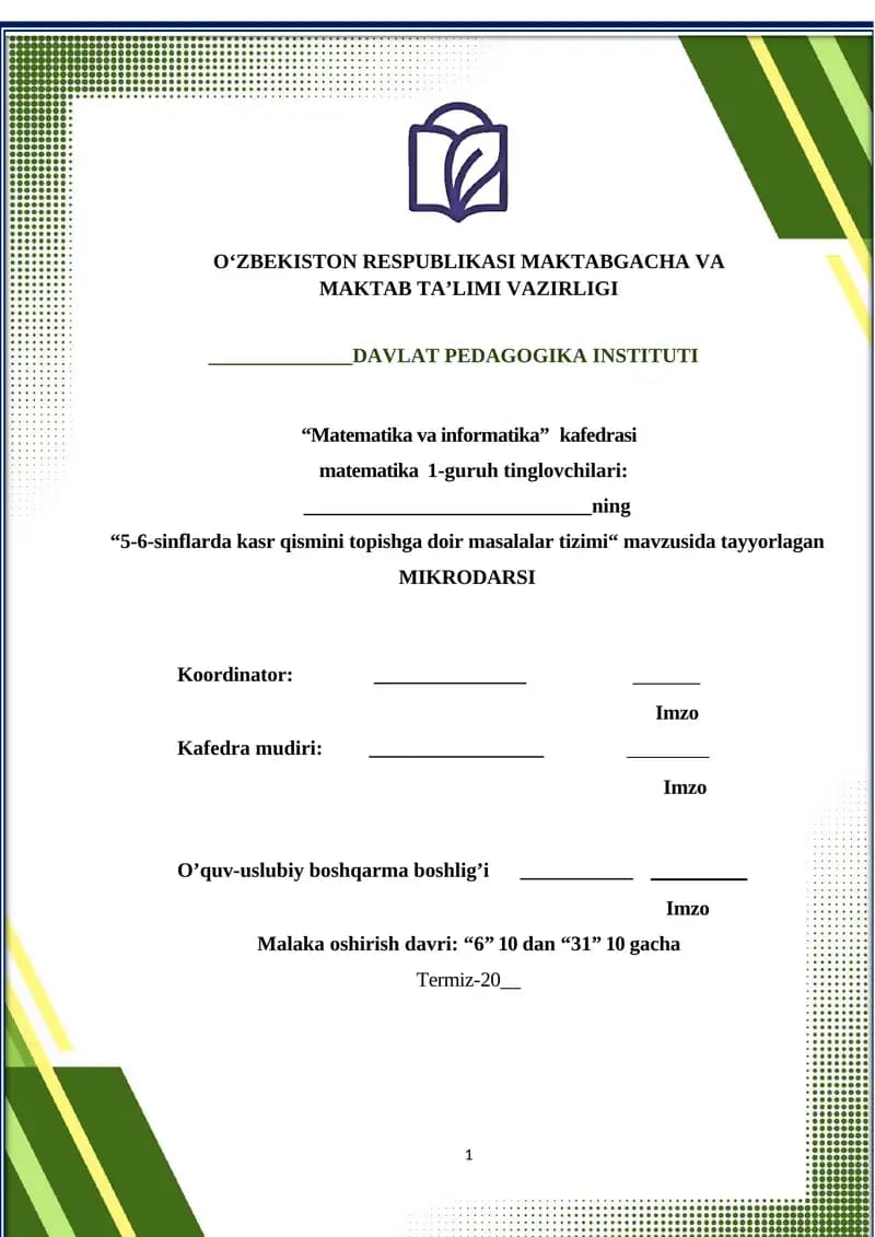 5-6-sinflarda kasr qismini topishga doir masalalar tizimi mikrodars